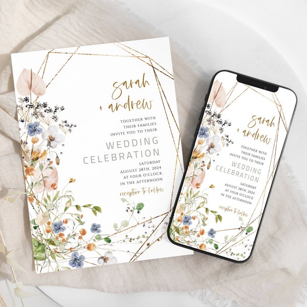 Wildflower Wedding Invitation, Electronic Wedding Evite, Online Invite + Card, Digital Download, Templett, WFP