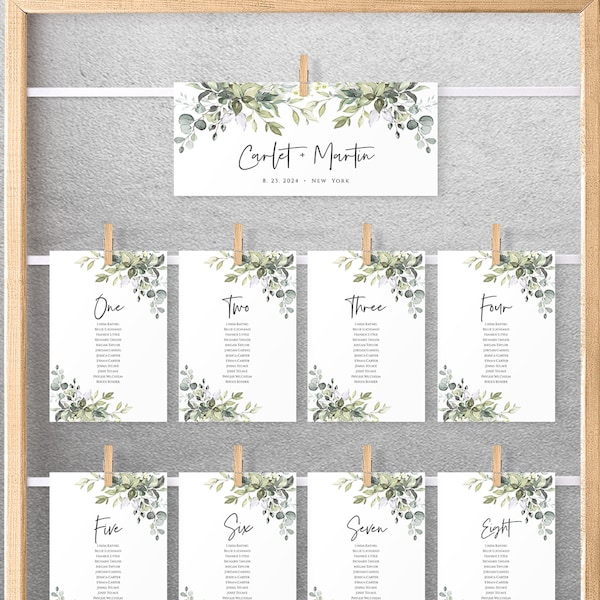 Greenery Seating Chart Template, Wedding Seating Cards, Table Seating Plan, Hanging Cards, Instant Download, Templett, FPE