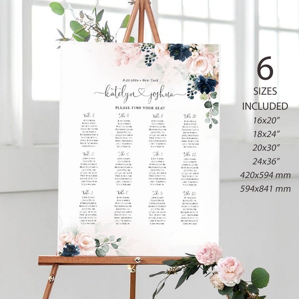 Wedding Seating Chart Poster, Blush Pink and Navy Blue Wedding Seating Sign, Digital Download, Templett, FPBN