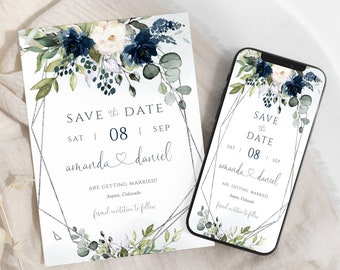 Save the Date Electronic Invitation Template, Eucalyptus Navy Blue Flowers, Digital Download, Edit with Templett, FPNB