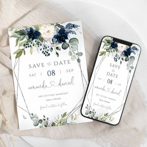 Save the Date Electronic Invitation Template, Eucalyptus Navy Blue Flowers, Digital Download, Edit with Templett, FPNB