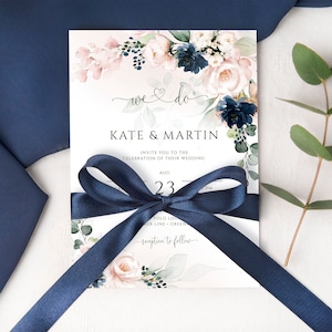 Navy Blue Blush Pink Wedding Invitation Template, Printable Wedding Invite, Edit with Templett, FPBN