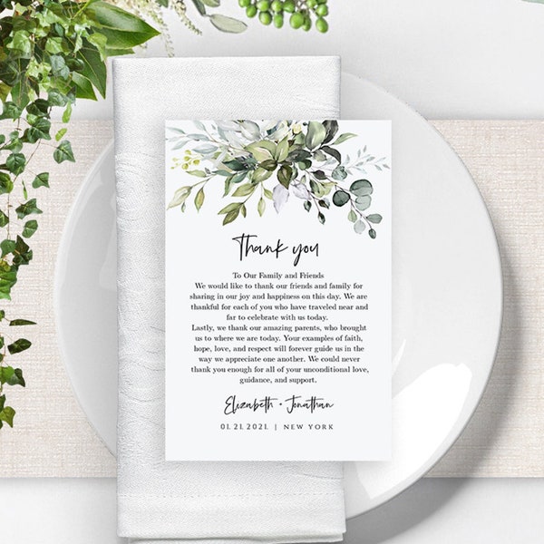 Greenery Wedding Thank You Letter Template, Printable Napkin Note, Eucalyptus Wedding Menu Thank You, 100% Editable, Templett, FPE