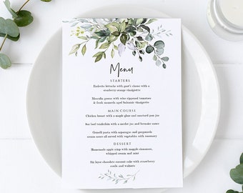 Greenery Wedding Menu Template Printable Wedding Menu Cards, Instant Download, Editable, Templett, FPE