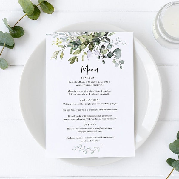 Greenery Wedding Menu Template Printable Wedding Menu Cards, Instant Download, Editable, Templett, FPE