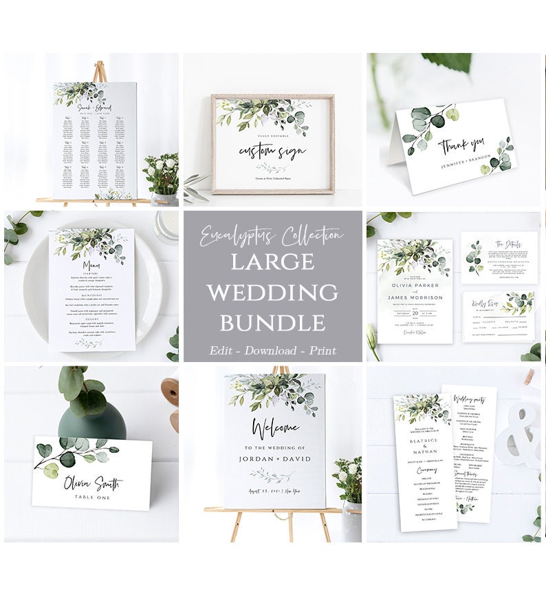 Greenery Wedding Bundle Invitation Suite TEMPLETT Editable Eucalyptus Wedding Essential Templates FPE Instant Download