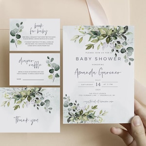 Greenery Baby Shower Invitation Template Set Eucalyptus Baby Shower Invite, Insatnt Download, 100% Editable Text, Templett, FPE