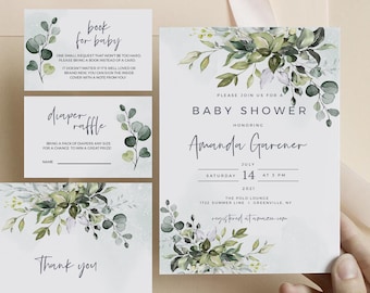 Greenery Baby Shower Invitation Template Set Eucalyptus Baby Shower Invite, Insatnt Download, 100% Editable Text, Templett, FPE