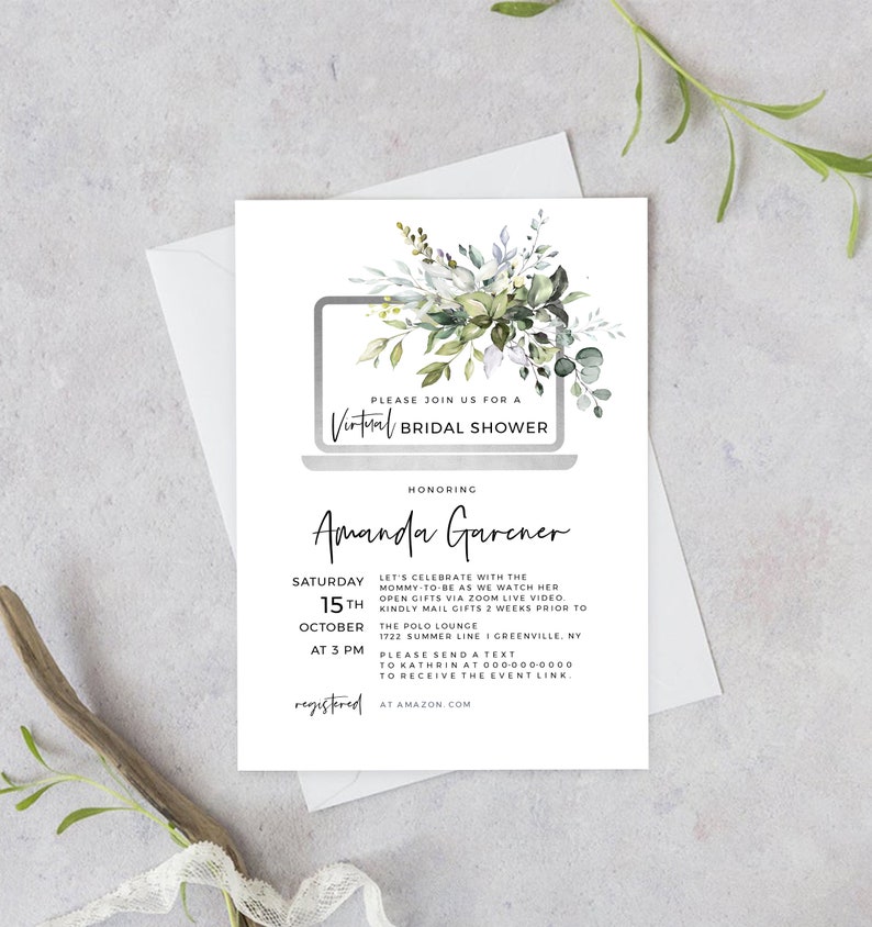 Virtual Bridal Shower Invitation Greenery Social Distance Bridal Shower Invite, Instant Download, 100% Editable Template, Templett, FPE image 2