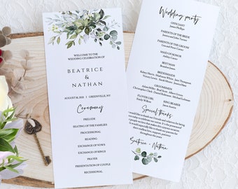 Wedding Program Template, Printable Program for Wedding, 100% Editable Program, Order of Ceremony, Order of Service Greenery Eucalyptus FPE