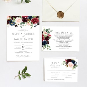 Burgundy Wedding Invitation Printable, DIY Wedding Invite, Wedding ...