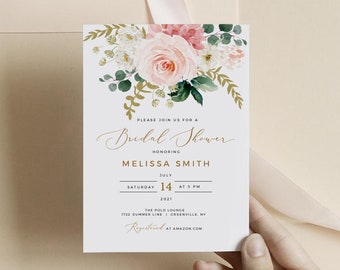 Blush Bridal Shower Invitation, Printable Wedding Shower Invite, 100% Editable Text, Templett, Instant Download, FPW