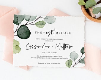 Rehearsal Dinner Invitation Card The Night Before Wedding Invitation Printable Instant Download Editable Watercolor Greenery Eucalyptus FPE