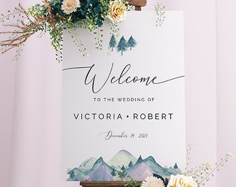 Welcome Sign Template Rustic Mountain Wedding Welcome Sign Printable, Instant Download, Templett Watercolor Mint Teal Turquoise Romantic FPM
