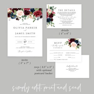Burgundy Wedding Invitation Printable, DIY Wedding Invite, Wedding ...