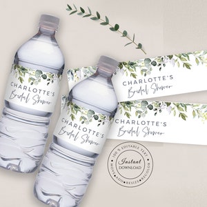Water Bottle Label Template Greenery Bridal Shower Water Label, Instant Download, 100% Editable Text, DIY, Templett, FPE