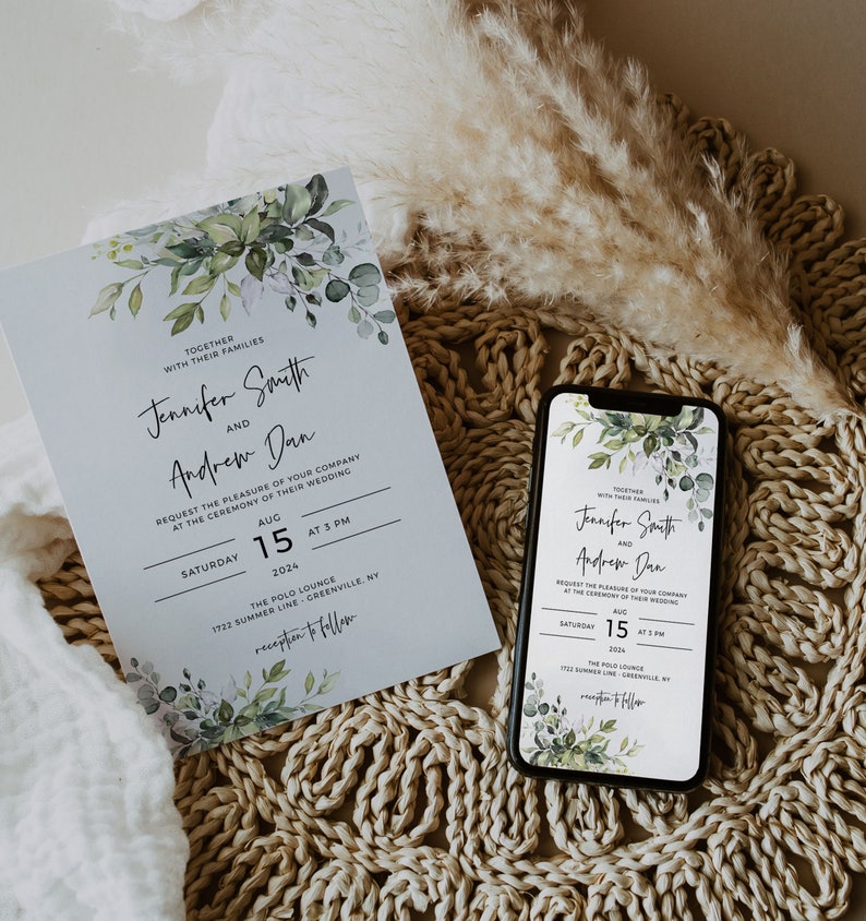 Digital Wedding Invitation, Electronic Wedding Invite, Digital Download, Greenery Wedding Evite, Templett, FPE image 2