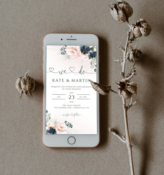Buy Electronic Wedding Invitation, Navy Blue Blush Wedding Evite.