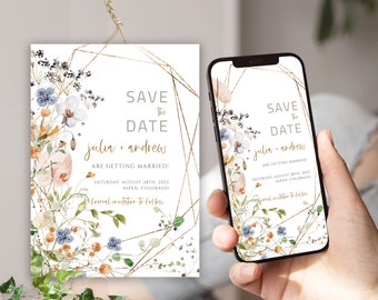 Wildflower Save the Date Card + Electronic Save the Date Invite, Editable Template, Instant Download, Templett, WFP