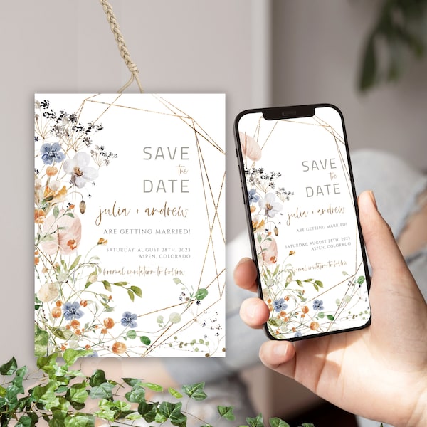 Wildflower Save the Date Card + Electronic Save the Date Invite, Editable Template, Instant Download, Templett, WFP