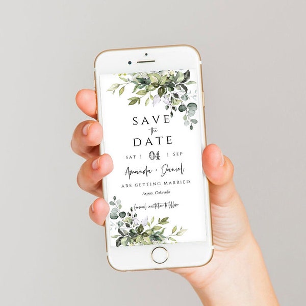 Guarde la fecha Evite invitación de boda electrónica Boda Evite, plantilla de boda editable, descarga instantánea, eucalipto, FPE