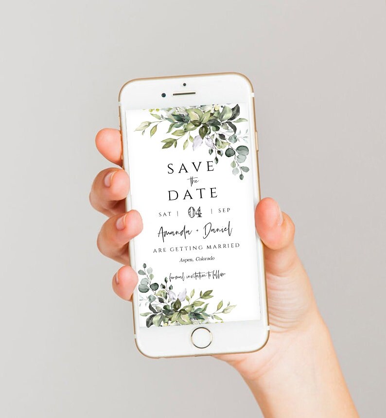 Save the Date Evite Elektronische Hochzeitseinladung Hochzeitsevite, bearbeitbare Hochzeitsvorlage, Sofortiger Download, Eukalyptus, FPE Bild 1