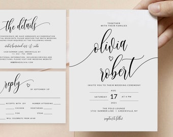 Calligraphy Wedding Invitation Template Set  Modern Wedding Invite, RSVP, Details, Instant Download, 100% Editable Text, Templett, FPC