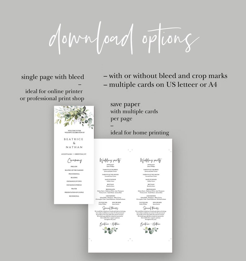 Wedding Program Template, Printable Program for Wedding, 100% Editable Program, Order of Ceremony, Order of Service Greenery Eucalyptus FPE image 5