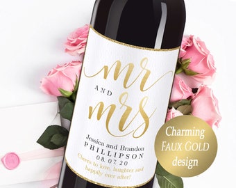 Wedding Wine Label Template Editable Wine Bottle Label, Mr and Mrs Wine Label, Instant Download, Templett, Faux Gold, FPG