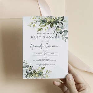 Editable Baby Shower Invitation Template, Printable Eucalyptus Greenery Baby or Bridal Shower Invite, Instant Download, 100% Editable, FPE