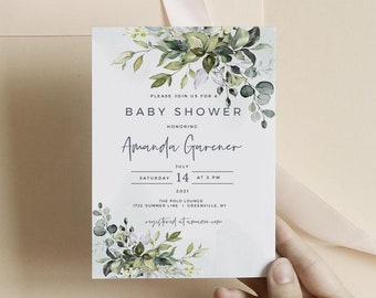 Editable Baby Shower Invitation Template, Printable Eucalyptus Greenery Baby or Bridal Shower Invite, Instant Download, 100% Editable, FPE