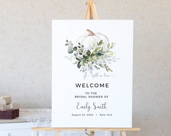 Greenery Bridal Shower Welcome Sign Printable Fall in Love Welcome Decor, Eucalyptus, White Pumpkin, FPE