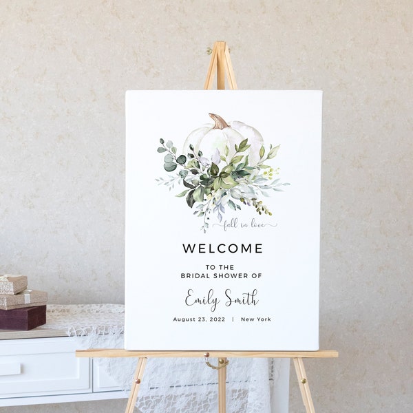 Greenery Bridal Shower Welcome Sign Printable Fall in Love Welcome Decor, Eucalyptus, White Pumpkin, FPE
