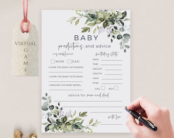 Greenery Baby Predictions Virtual & Printable Baby Shower Game, Baby Prediction and Advice Cards, Editable Template, Templett, FPE