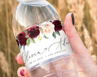 Burgundy Wedding Water Bottle Label Template, Printable Custom Label, 100% Editable Text, Templett, INSTANT DOWNLOAD, FPB