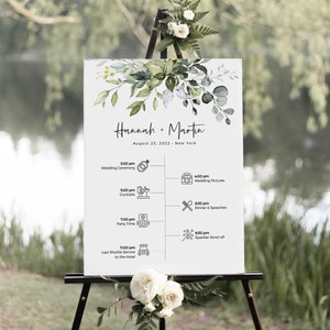 Greenery Welcome Sign, Printable Wedding Timeline with Icons, Instant Download, Templett, FPE