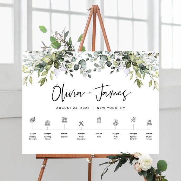 Eucalyptus Wedding Welcome Sign Template, Greenery Timeline with Wedding Day Icons, Instant Download, Templett, FPE