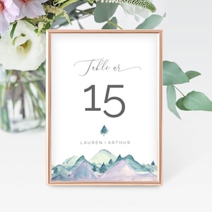 Editable Table Number Template, Personalized Table Number Card, Wedding Table Number Printable, INSTANT DOWNLOAD, Teal, Mountain, Lilac, FPM