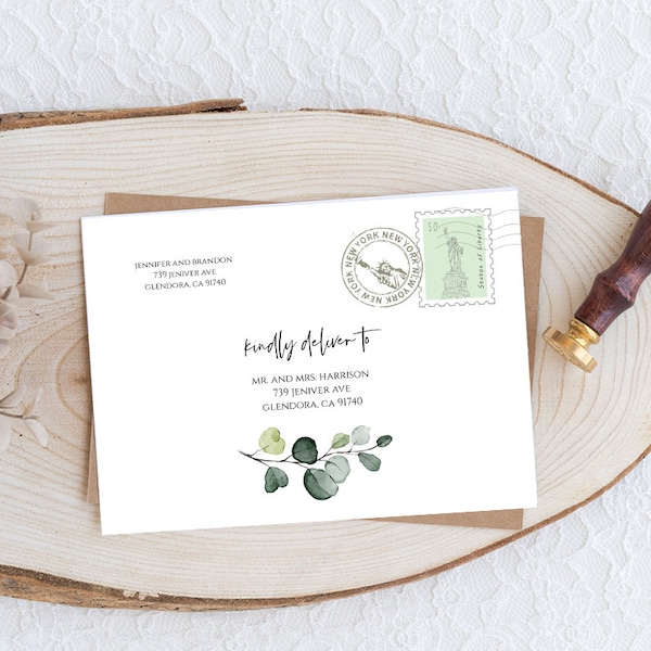 Envelope Template, Greenery Wedding Address Printable, Instant Download, Editable, Templett, A1, A7 Sizes, Eucalyptus, FPE