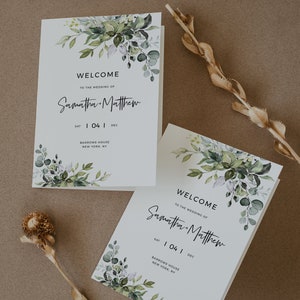 Folded Wedding Program Booklets, Printable Greenery Order of Service, Instant Download, Templett, FPE