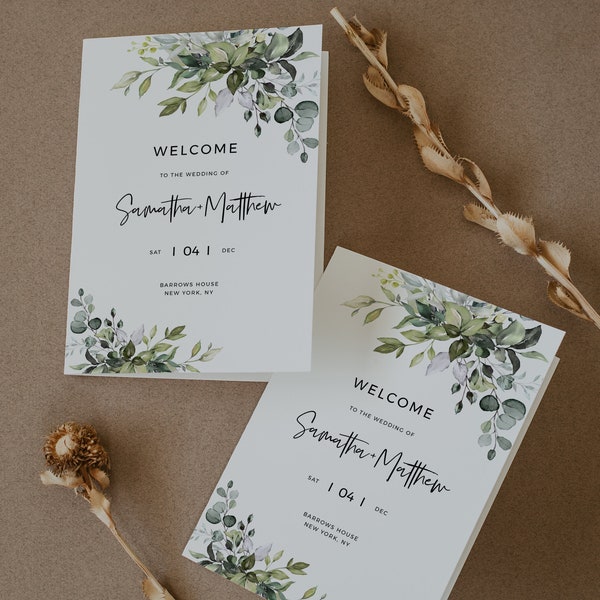 Folded Wedding Program Booklets, Printable Greenery Order of Service, Instant Download, Templett, FPE