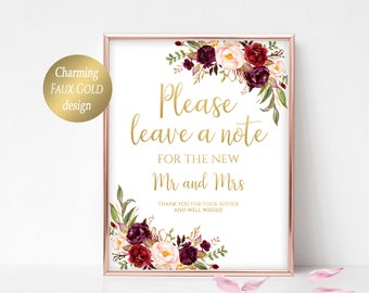 Wedding Advice Sign, Please Leave a Note Sign, Marsala Wedding Sign, Guestbook Alternative, Well Wishes Sign, 4x6, 5x7, 8x10, Maroon, Merlot