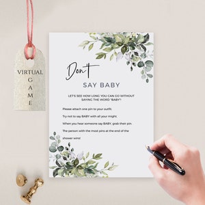 Greenery Baby Shower Game Don't Say Baby Sign, Virtual + Printable Template, Editable, Templett, FPE