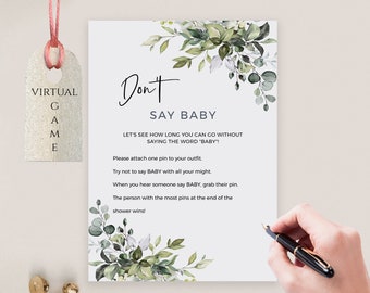 Greenery Baby Shower Game Don't Say Baby Sign, Virtual + Printable Template, Editable, Templett, FPE