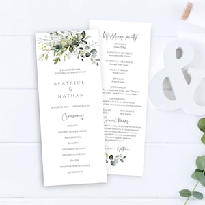 Wedding Program Template, Printable Program for Wedding, 100% Editable Program, Order of Ceremony, Order of Service Greenery Eucalyptus FPE image 3