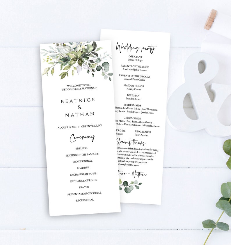 Wedding Program Template, Printable Program for Wedding, 100% Editable Program, Order of Ceremony, Order of Service Greenery Eucalyptus FPE image 3