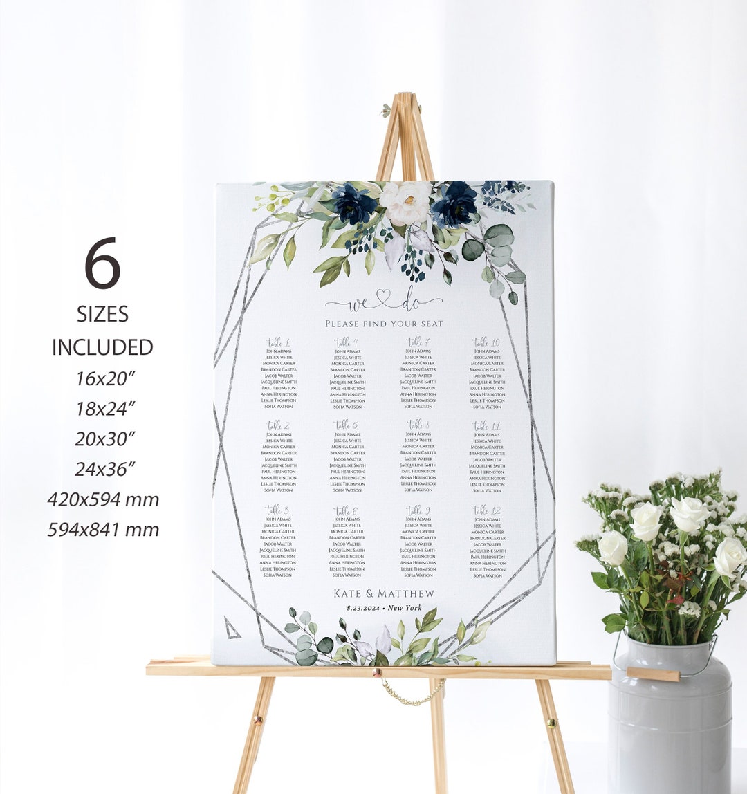 Wedding Seating Chart Poster, Printable Navy Blue Green Wedding Seating Sign, Digital Download ...
