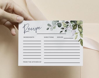 Recipe Card Template Greenery Bridal Shower Recipe Insert Template, Instant Download, 100% Editable Text, DIY, Templett, FPE