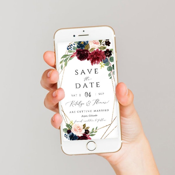Electronic Save the Date Template, Save the Date Evite, Wedding Date Announcement, Text Message Evite, Floral Burgundy, FPB