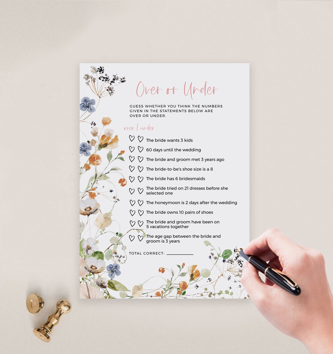 Over or Under Bridal Shower Game, Printable Wildflower Bridal Shower Game, Editable Template ...